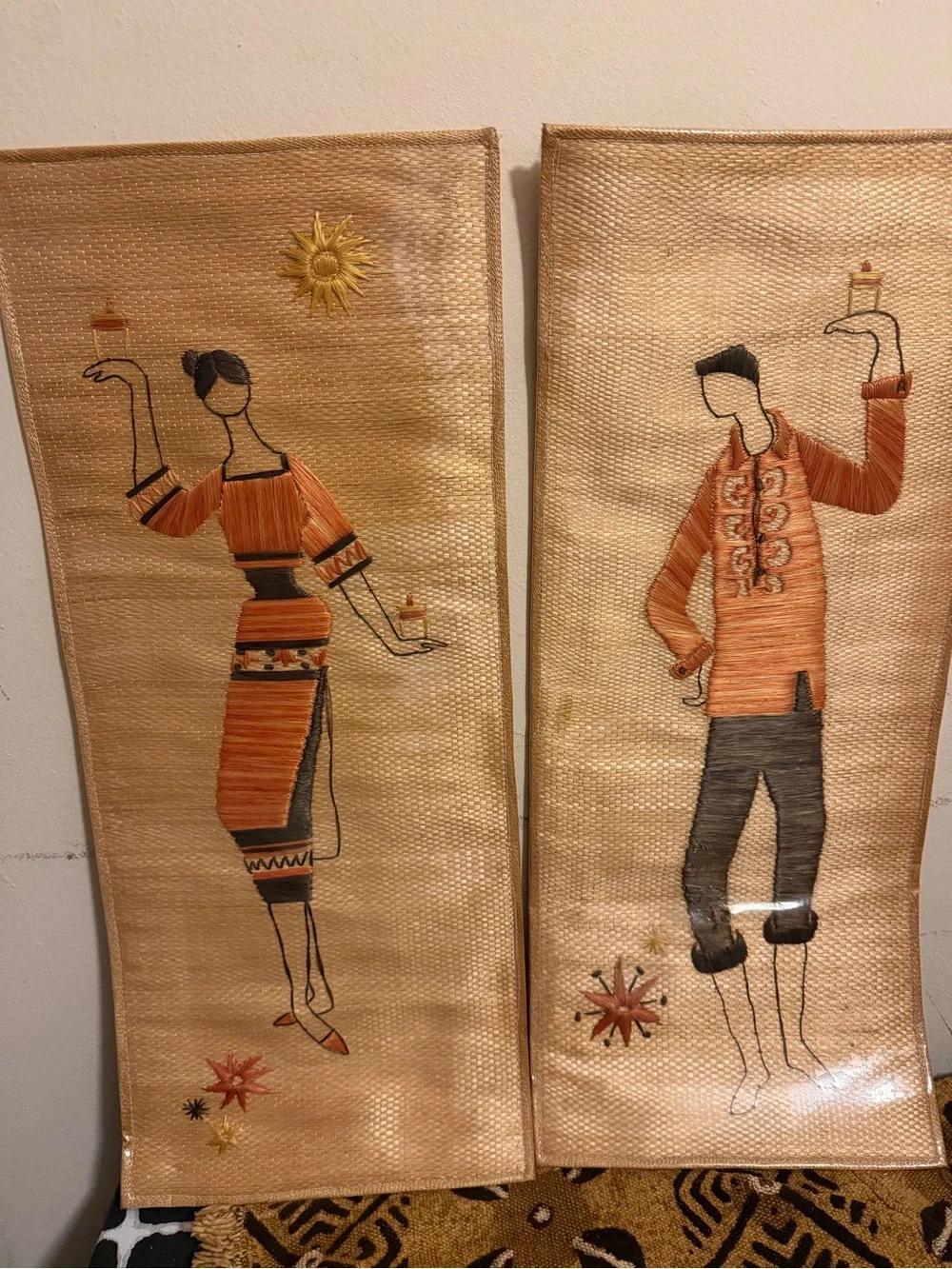 Handcrafted Orange and Black Oriental Wall Art Panels - Set of 2